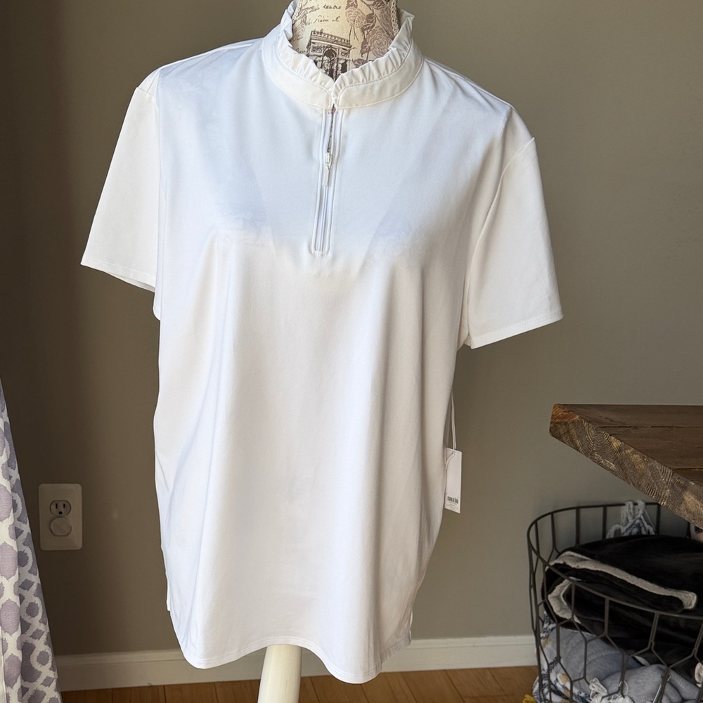 Chico’s UPF Ruffle Collar Polo Zip Short Sleeve SS Top Alabaster Golf Casual